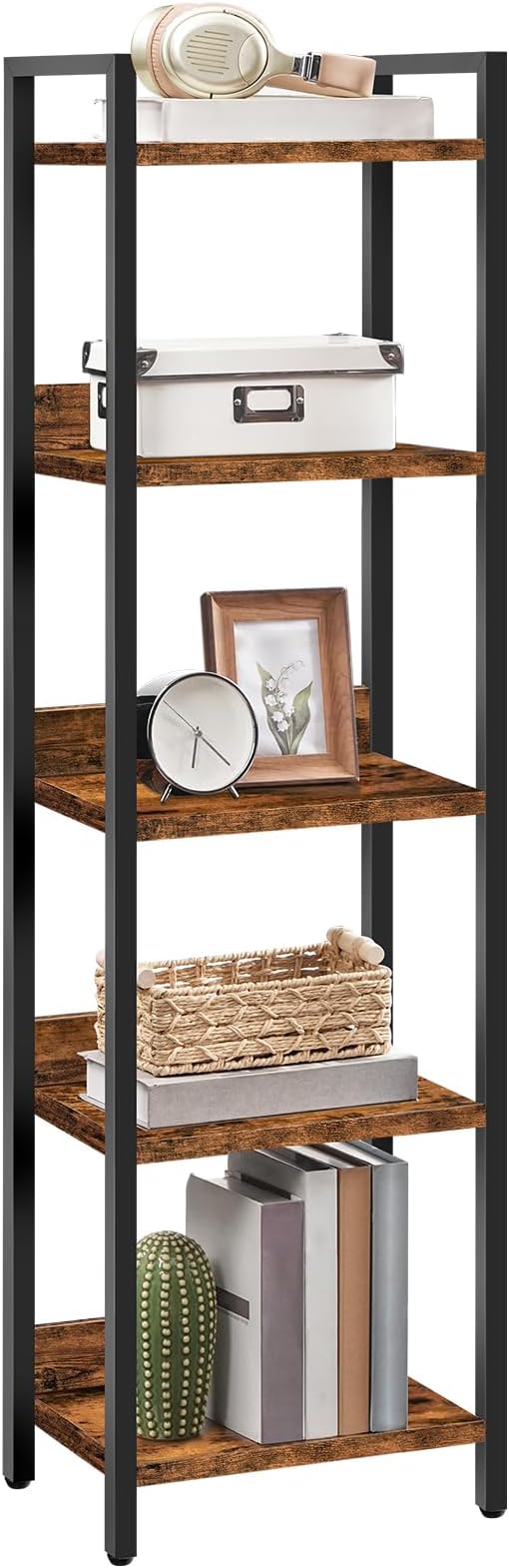 MAHANCRIS Bookshelf, 5-Tier Bookcase, Standing Book Shelf for Small Space, Storage Shelf Organizer, for Living Room, Bedroom, Study, Balcony, Rustic Brown and Black BKHR5501