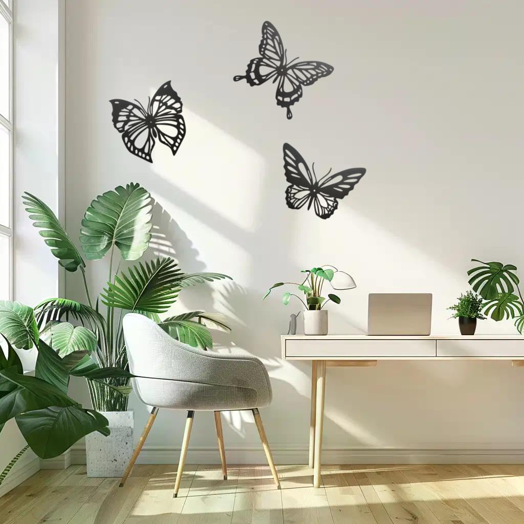 Lylence Metal Butterfly Wall Decor 3pcs Black Metal Butterfly Wall Decoration, Versatile Wall Decoration for Living Room, Bedroom and Bathroom - Large Size 3 (1Pack (3pcs))