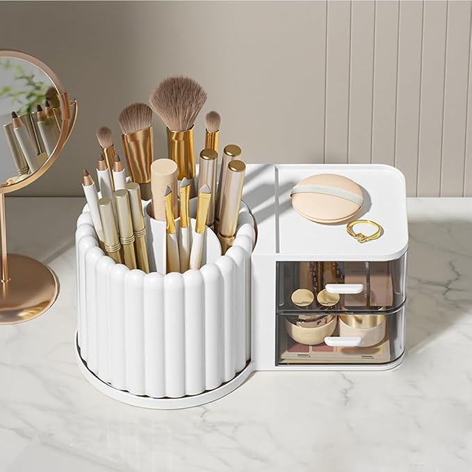 Makeup Organizer Countertop, 360 Rotating Makeup Brush Holder with 2 Drawer Organizer, Small Preppy Kids Desk Organizer, 9.25x5.11 Inch, White