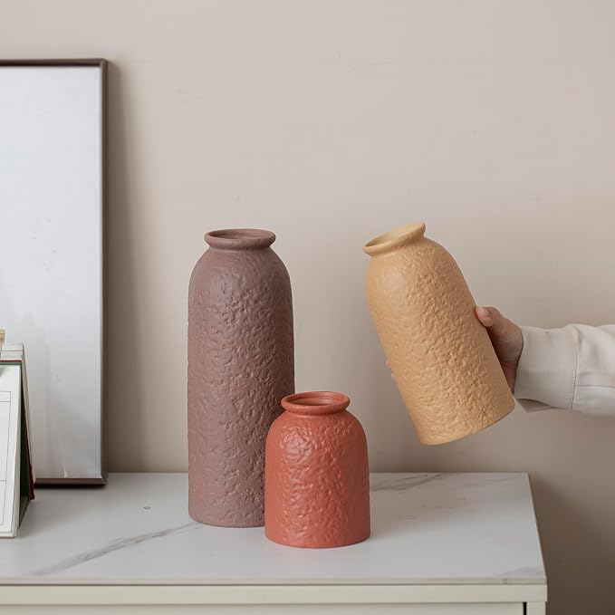 Large Decorative Ceramic Vase Set, 3 Pieces, Matte Taupe Orange Coral Beige, 10.4 Inch Tall, Nordic Modern Boho Style, Orange Peel Glaze Finish, Farmhouse Home Decor