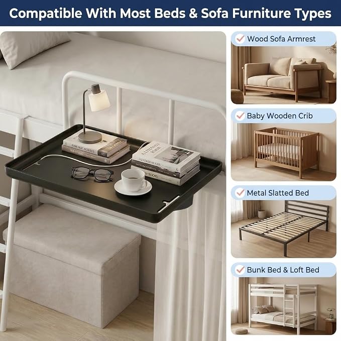 Bedside Shelf，Bunk Bed Shelf, Clip-On Bedside Tray with Cable Management, Floating Nightstand for College Dorm Loft Bed, Back to School Essential