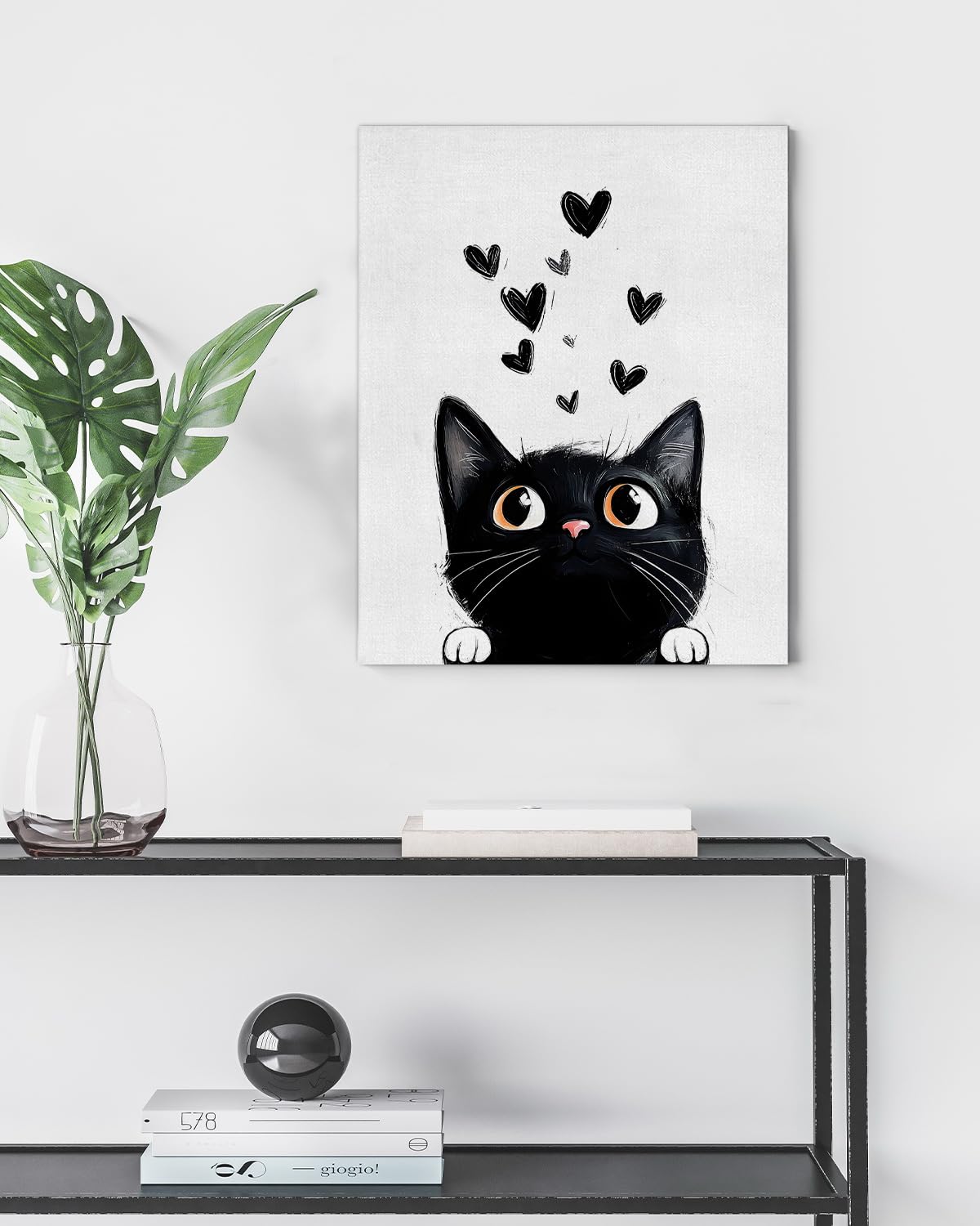 Cute Cartton Cat Canvas Wall Art Black Kitten Print Poster Framed Painting for Home Living Room Bedroom Wall Decor 8x10 Inch, Cat Lover Gifts