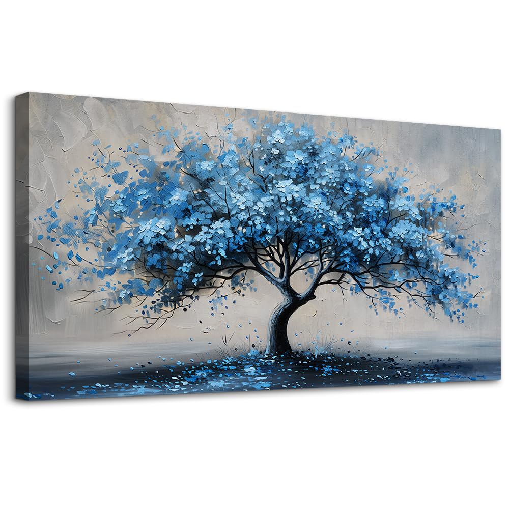KELIYUAN Canvas Wall Art For Living Room Framed Wall Decorations For Bedroom Office Wall Decor Abstract Painting Blue Tree Pictures Artwork Ready To Hang Guesthouse Room Mural Home Decor 20x40 In