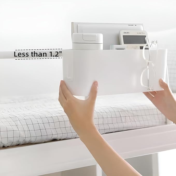 Bedside Organzier Caddy Hanging, Plastic Bunk Bed Shelf with Hooks, Large Storage Holder for Dorm Room Bed, Hospital Bed, Baby Bed Rails, 11 Lbs / 5 Kg Capacity (White)