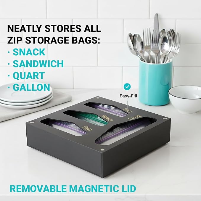 OnDisplay Luxe Acrylic Kitchen Drawer Zip Food Storage Bag Organizer - Food Baggie Holder for Snack/Sandwich/Quart/Gallon Sizes - Compatible with Ziploc, Hefty & Glad (Black)