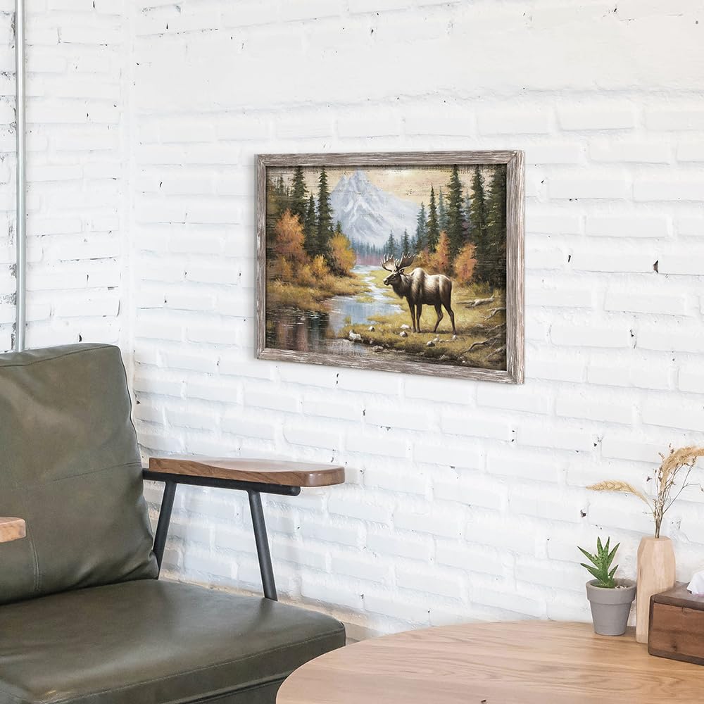 Wildlife Painting Framed Wall Art: Majestic Moose in Forest Picture Rustic Wild Animal Artwork Elk Deer Prints for Living Room Farmhouse Bedroom
