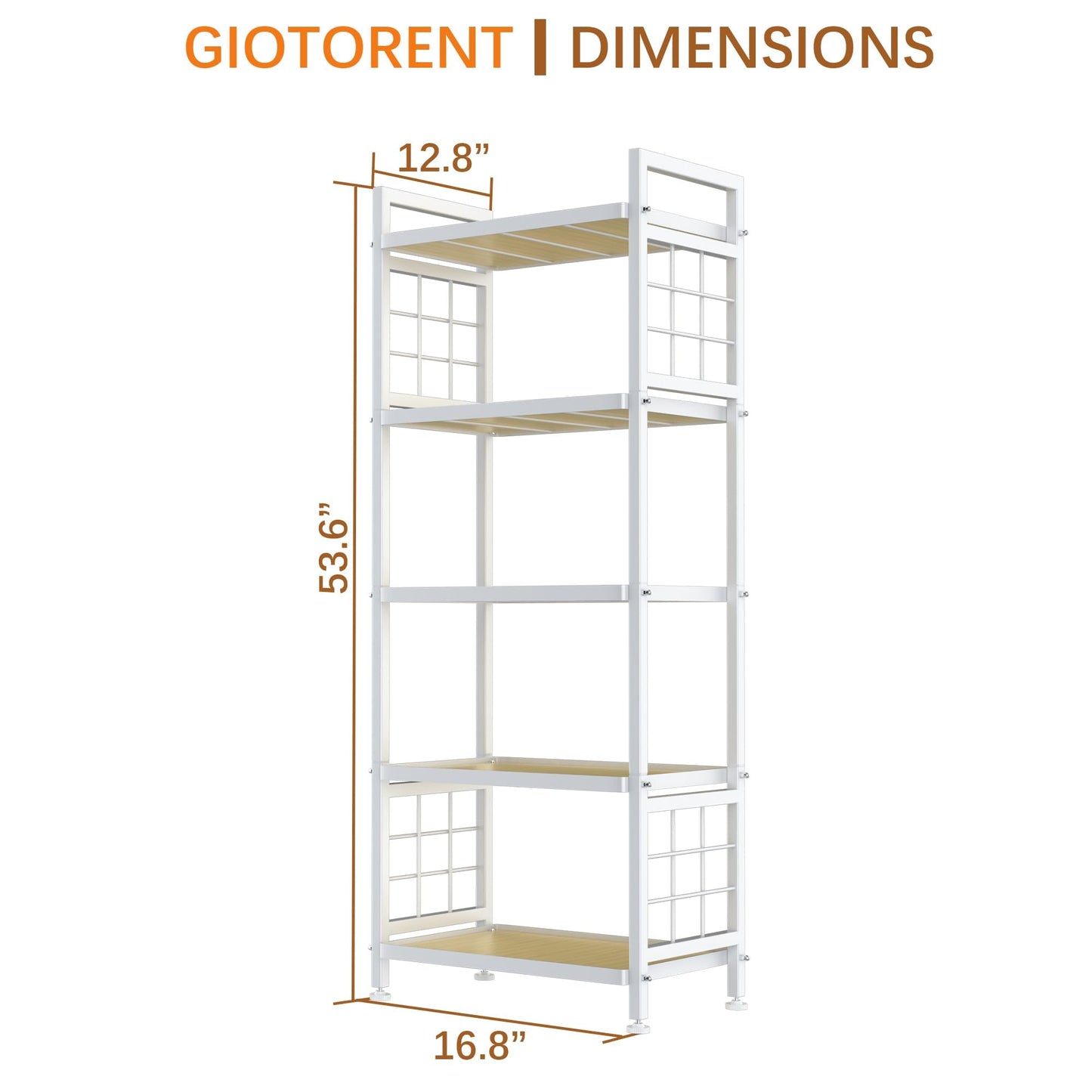 GIOTORENT 5-Tier Pantry Shelves with Wooden Boards, Heavy Duty Storage Shelves & Book Shelf, Adjustable Metal Shelving Unit for Kitchen Bathroom Laundry Organizer, Sturdy Rust-Resistant, White