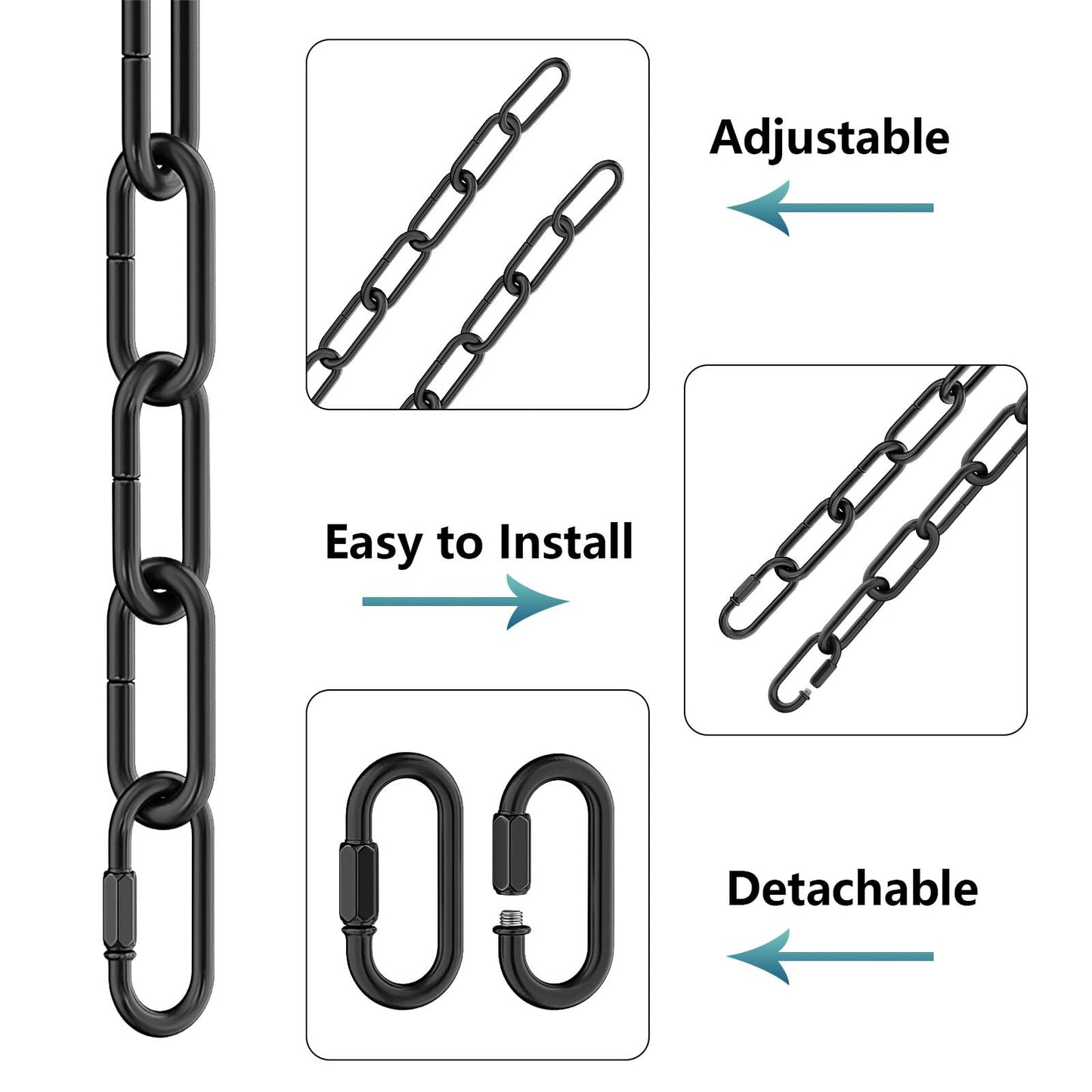 garini 6 Feet Industrial Black Light Fixture Chain, Adjustable Metal Pendant Chandelier Chain Extension with Detachable Link, Maximum Load is 66 Pounds