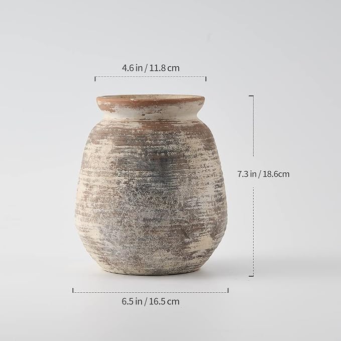 SIDUCAL Ceramic Rustic Vase, Whitewashed Terra Cotta Vase, Distressed Farmhouse Décor, Pottery Decorative Flower for Home Decor, Table, Living Room Decor, Shelf, Mantel, 7.3 Inch, Fired Terra Clay