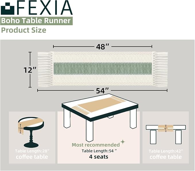 FEXIA Sage Green Table Runner 48 Inches Long with Tassels Boho for Summer Home Decor Rustic Macrame Farmhouse Table Cover for Wedding Party Bohemian Bridal Shower Dining Decorations(12x48 Inches)