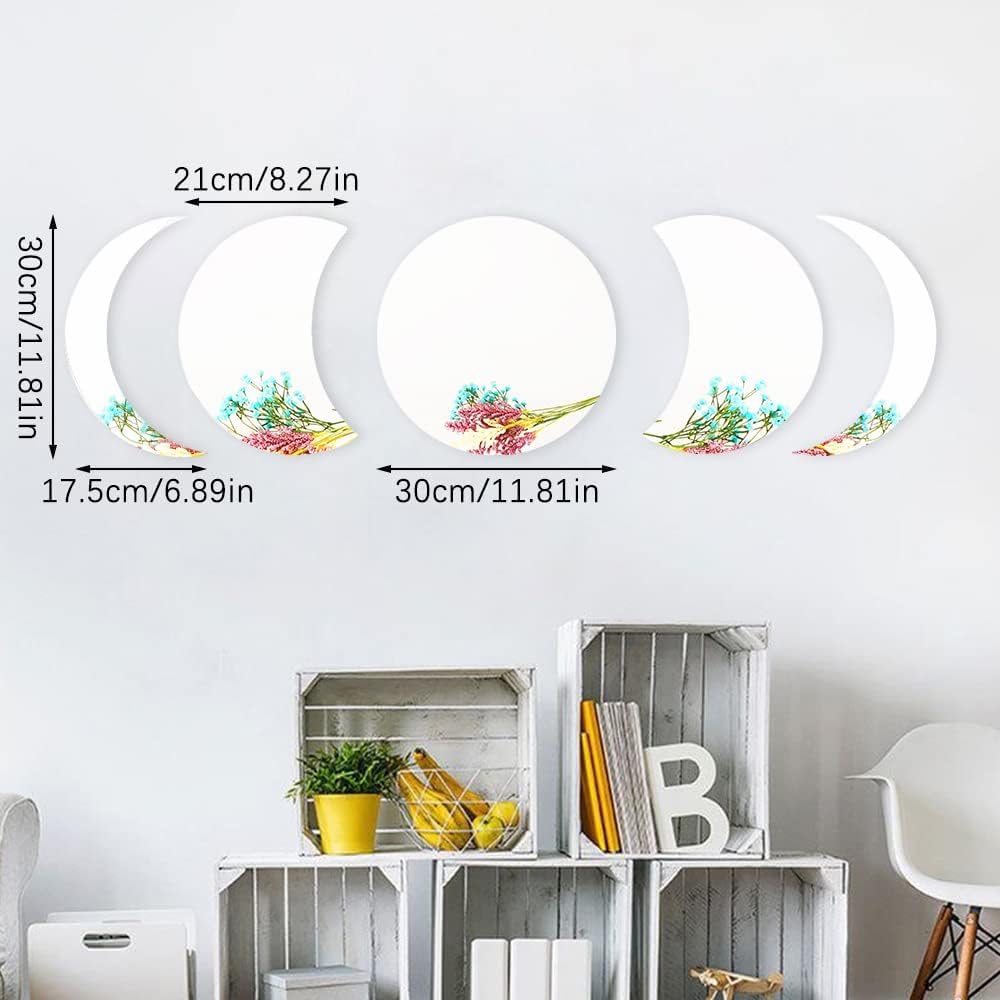 5pieces Moon Phase Mirror Set Wall Decor, Unbreakable Acrylic Self-Adhesive Bohemian Moon Mirror Wall Stickers, Scandinavian Style Aesthetic Home Decor for Bathroom Living Room Office Apartment Dorm