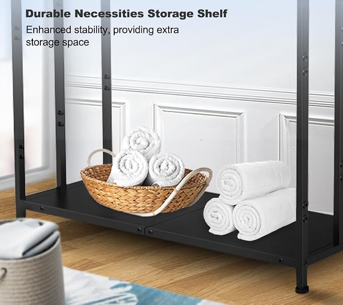 Extra Large Free Standing Towel Rack with Metal Storage Shelf & 6 Hooks for Bathroom, 3 Tiers Heavy Duty Blanket Drying Stand Holder for Outdoor Pool, Bedroom, Living Room, Black