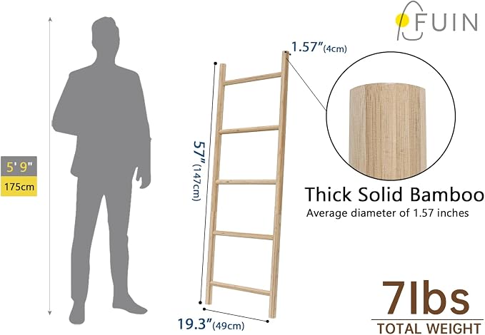 FUIN Fully Assembled 57in Bamboo Blanket Ladders Living Room Wood Decorative Wall Leaning Farmhouse Quilt Display Holder Rustic Wooden Towel Rack for Bathroom, Unfinished