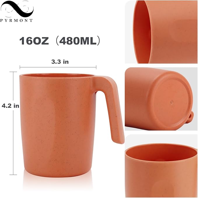 PYRMONT Wheat Straw Cups 16 Oz Alternative Plastic Cups With Handle Dishwasher & Microwave Safe Mug Set of 6 Unbreakable Cups Set for Camping,Pool,RV-Orange