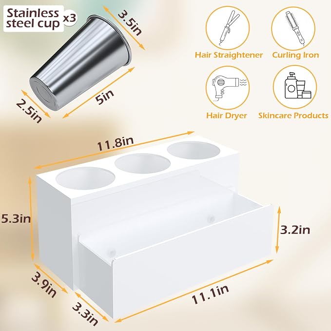 Hair Tool Organizer, Removable Blow Dryer Holder for Bathroom, Hot Tools Organizer For Hair Dryer, Blow Dryer, Curling Iron, Hair Straightener, Bathroom Countertop Organizer, Glossy White