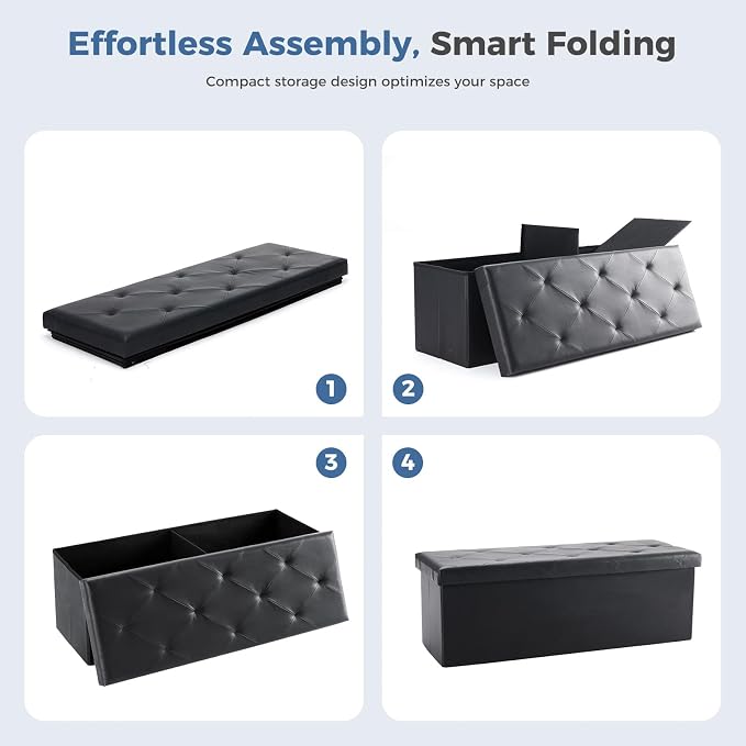 DUMOS 43 Inches Foldable Storage Ottoman Bench, Foot Rest Stool, Synthetic Leather Storage Chest with Thicker Foam Padded Seat for Entryway Living Room, Modern Black
