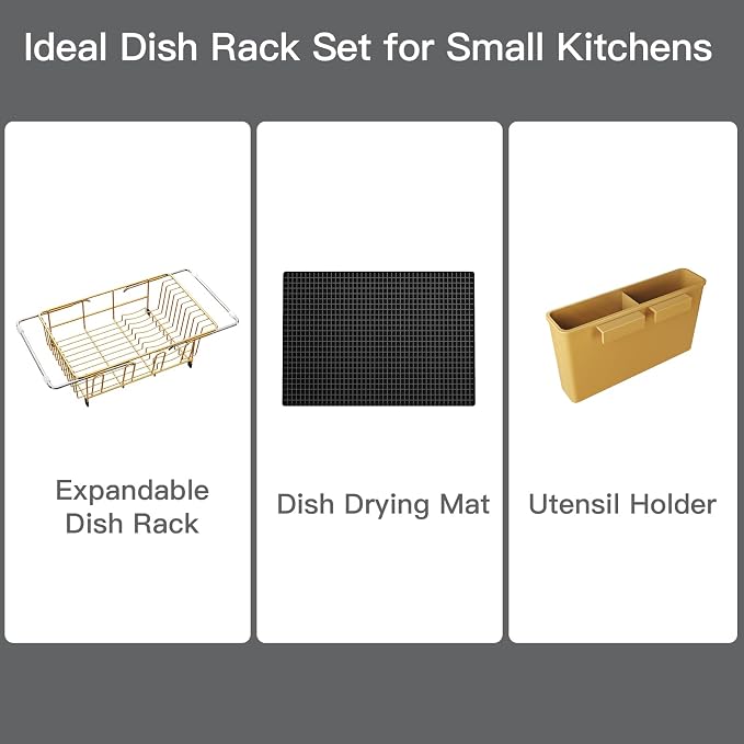 MAJALiS Gold Dish Drying Rack Over The Sink with Utensil Holder, Mat | Expandable Stainless Steel Dish Drainer for Small Kitchen, Apartment, RV, Counter Space Saving, Perfect Fit, Rustproof