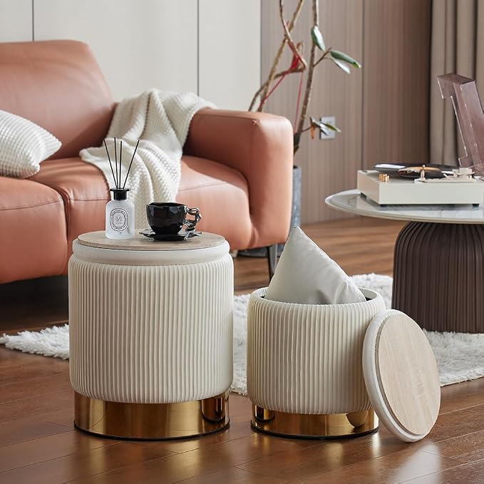 YYW HOME Round Ottoman with Storage Set of 2 Vanity Stool Foot Rest with Removable Lid White Velvet Storage Ottoman Stool for Living Room and Dorm