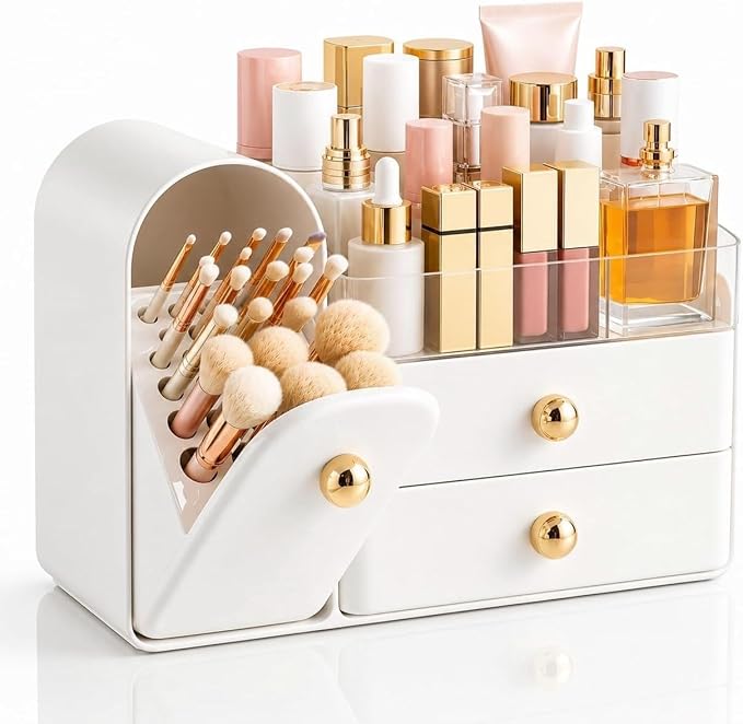 HBlife Makeup Organizer Countertop with Drawers, Vanity Organizers with Brush Holder, Bathroom Counter Organizer for Perfume, Nail Polishes, Lipsticks, Skincare and Eyeshadow Palettes, White and Gold