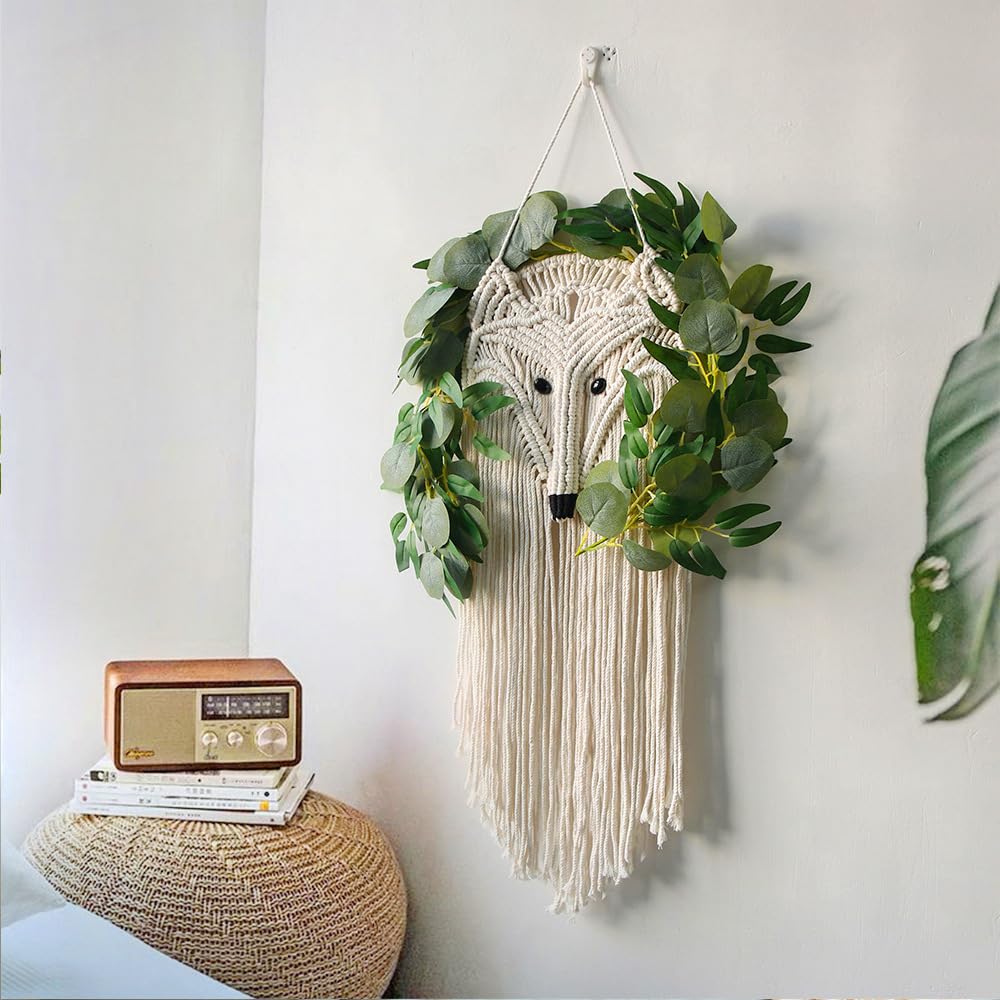 LKMLQPER Nordic Fox Macrame Wall Hanging, Handmade Cotton Rope Boho Tapestry, Animal Design Wall Decor for Living Room and Nursery, 10 * 35inch