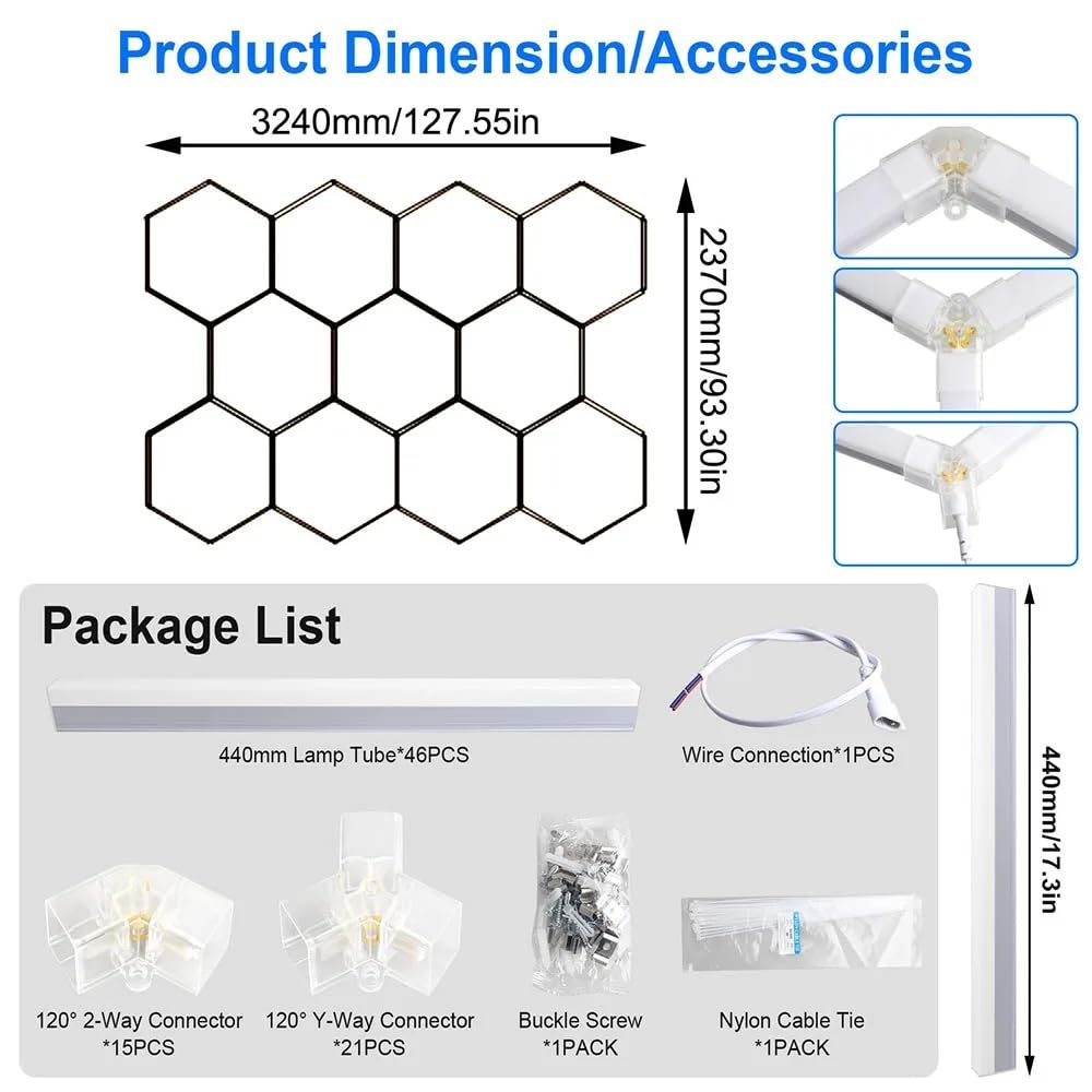 Hexagon Garage Lights LED Ceiling Light, 11 Cells Modular Honeycomb Garage Lighting, 46 LEDs Splicing Ceiling Lamp, Super Bright DIY Light Fixture for Workshop Warehouse, 6500K White