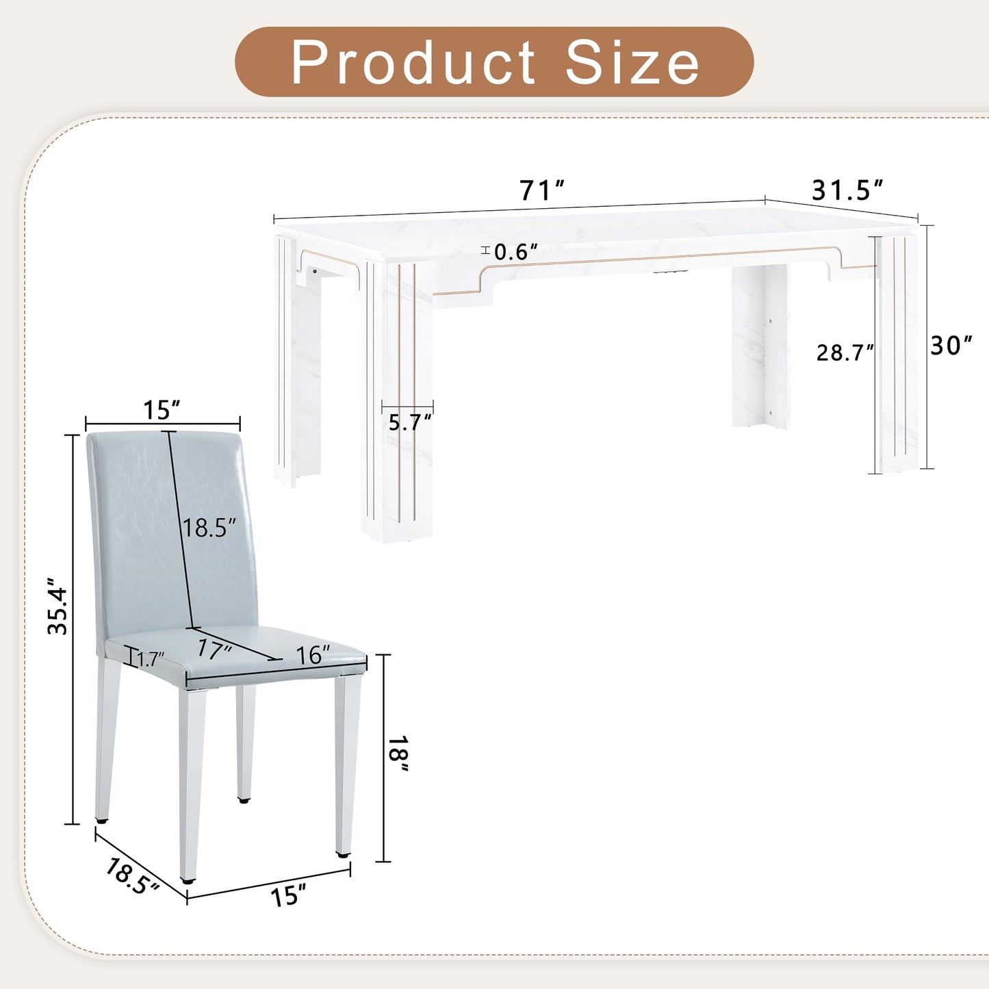 KEIKI 9-Piece Dining Table Set, 71" White Faux Marble Kitchen Table with 8 Light Gray PU Leather Chairs, Modern Dining Room Set with Silver Metal Legs, Large Rectangular Table for Home, Restaurant