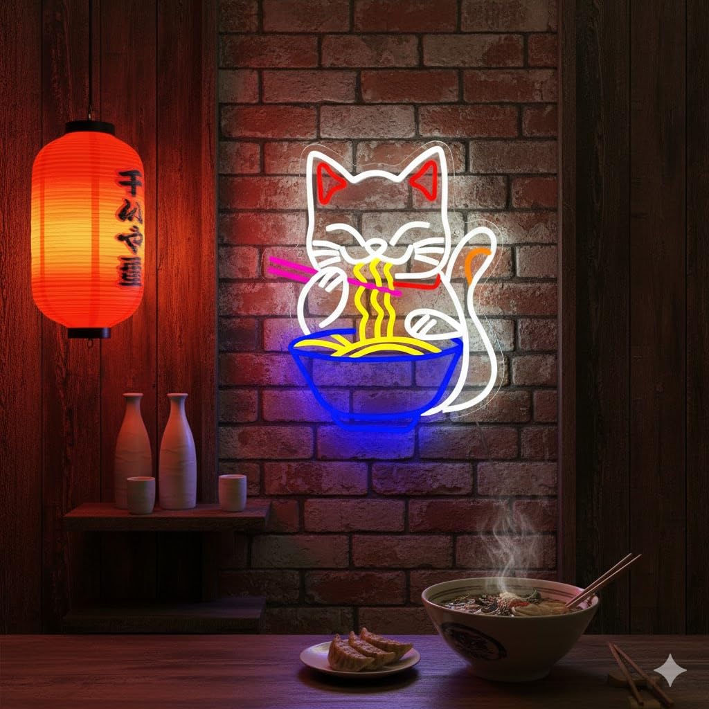 Fortune Cat Ramen Neon Sign, Dimmable Japanese Lucky Cat Noodle LED Neon Sign for Wall Decor, USB Powered for Restaurant Bar Party Bedroom Birthday Gifts(15.7 * 12.7in)