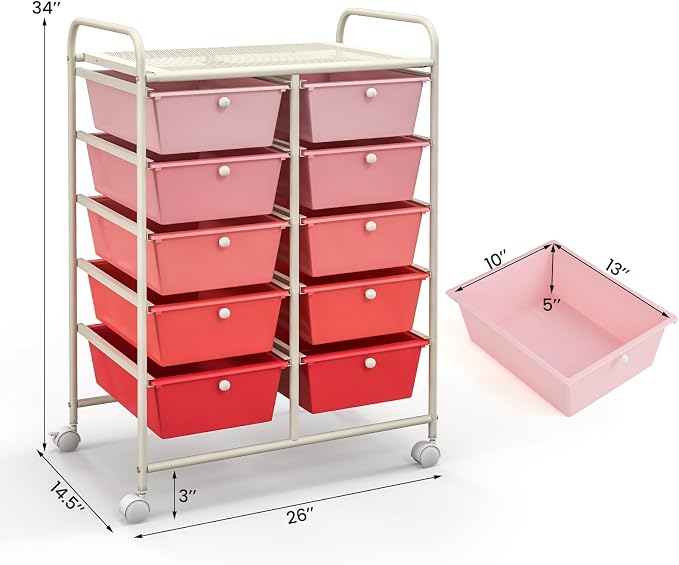 Giantex 10 Drawers Rolling Cart, Classroom Organizers, Storage Cart with Wheels, for Teacher Office Home School Supplies Tool Craft Art Paper, Pink Gradient