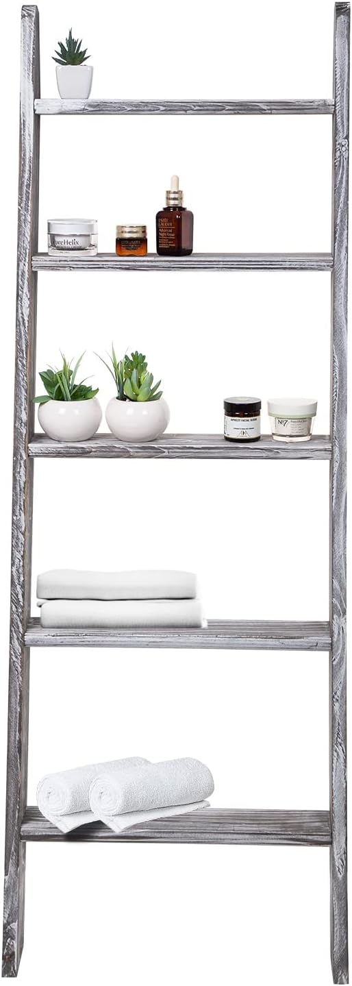 Rustic 5-Tier Wall-Leaning Wood Loadder Towel Racks for Bathroom Livingroom Kithen Office Woden Farmhouse Ladder-Style Blanket Rack Multipurpose Organizer Rack for Home (Grey)