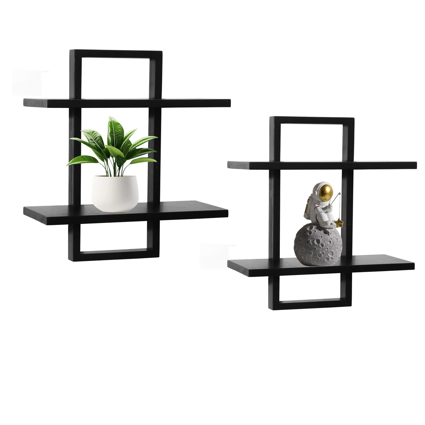 PHOENANCEE Floating Shelves for Wall,Display Hanging Shelf Set of 2,Modern Decorative Plants Shelves,Wood Home Decor Storage Chic for Living Room Bedroom Bathroom Office,Oak Frame,2-Tier Black