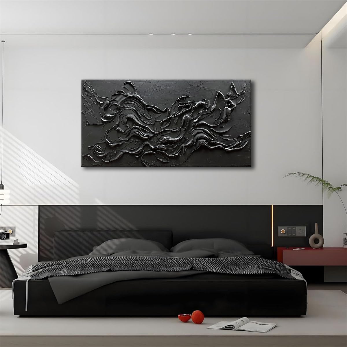 zoinart Hand Painted Large Black Wall Art 30"x60" Thick Texture Minimalist Oil Paintings Contemporary Art Oil on Canvas Abstract Textured Wall Art Pure Black Wall Art