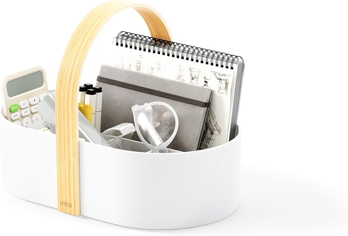 Umbra Bellwood Caddy, Organizer Bin for Makeup and Cosmetics, Durable Lightweight Container with Wooden Handle and Removable Dividers, Small, White/Natural