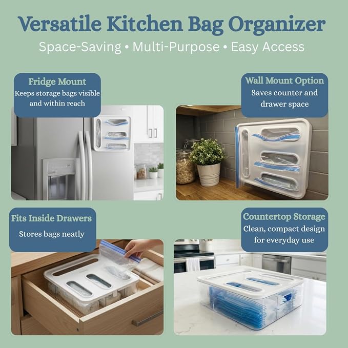 Food Storage Bag Organizer – 4-in-1 Plastic Baggie Organizer for Drawer | Fits Sandwich, Snack, Gallon, Quart & Slider Bags | Kitchen Storage Organizer | Wall & Drawer Mount