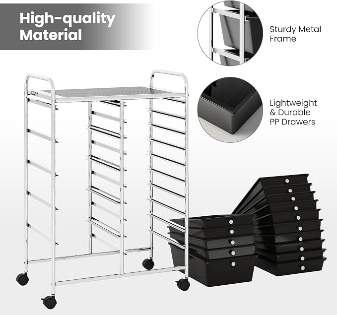 Giantex 15 Drawer Rolling Storage Cart Tools Scrapbook Paper Office School Organizer, Black