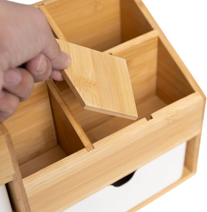 Bamboo Makeup Organizer with 3 Drawers, Dresser Cosmetic Organizer Box,Bamboo Desk Organizer for Home with Adjustable Dividers（11.5x5.4in）