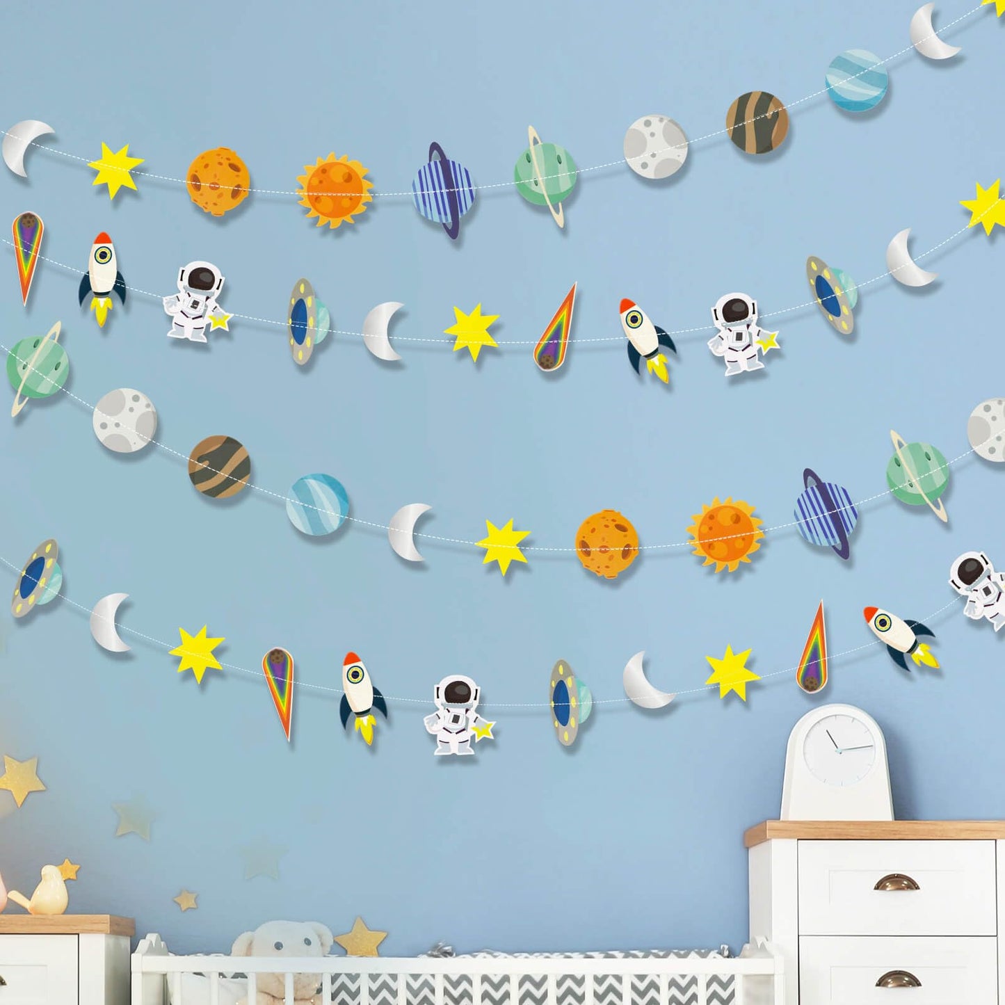 Galaxy Solar System Hanging Paper Garland, Astronauts Rockets Stars Hanging Decoration, Blast Off to Outer Space Banner for Kids Bedroom Birthday Party Decor Supplies