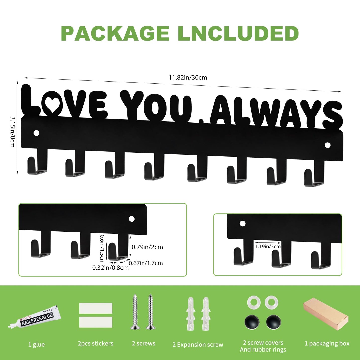Key Holder Wall Mount & Love You Always Sign Key Holder, Key Hooks with 8 Hooks, Key Holder for Wall Self Adhesive, Key Rack for Wall No Drill for Entryway, Front Door, Hallway, Living Room - Black