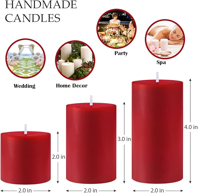 Red Unscented Pillar Candles 3-Pack ??Dripless & Smokeless, Long-Burning Thick Candles (2",3",4" Heights) for Weddings, Home Decor & Serene Ambiance