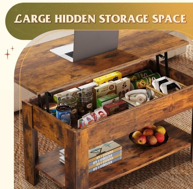 WLIVE Coffee Table, 39" Lift Top Coffee Table with Hidden Compartment, Storage Shelf and Lifting Top for Home Living Room, Office and Reception Room, Rustic Brown