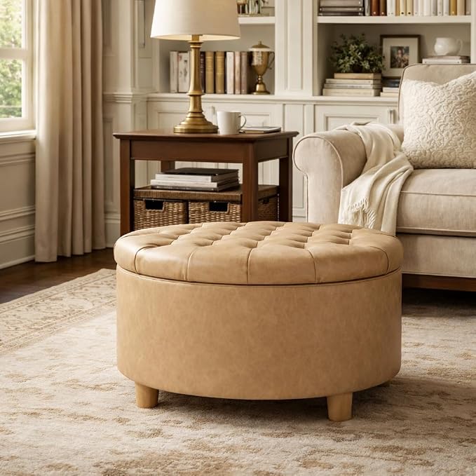 HomePop Home Decor | Button Round Storage Ottoman | Ottoman with Storage for Living Room & Bedroom, Light Camel Faux Leather