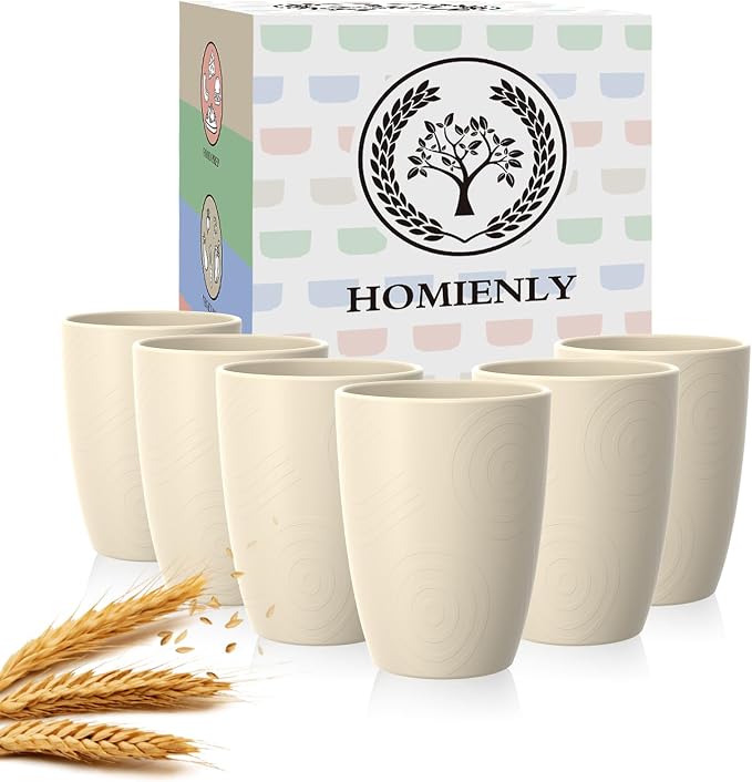 Homienly Plastic Cups Alternative 12oz - Wheat Straw Cups Set of 6 Reusable & Unbreakable Drinking Glasses Dishwasher & Microwave Safe Cups for Everyday Use-Beige
