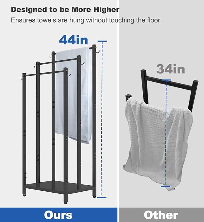 44 Inch Tall Free Standing Towel Rack with Metal Storage Shelf & 6 Hooks for Bathroom, 3 Tiers Heavy Duty Blanket Drying Stand Holder for Outdoor Pool, Bedroom, Living Room, Black