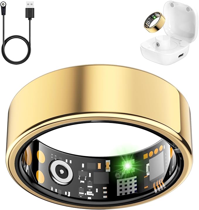Smart Health Ring for Women Men, Fitness Tracker Ring with Heart Rate, Blood Oxygen, Sleep Tracker, Step Tracker, No Subscription Fee, IP68 Waterproof Smart Ring for iPhone & Android (Gold, 9#)