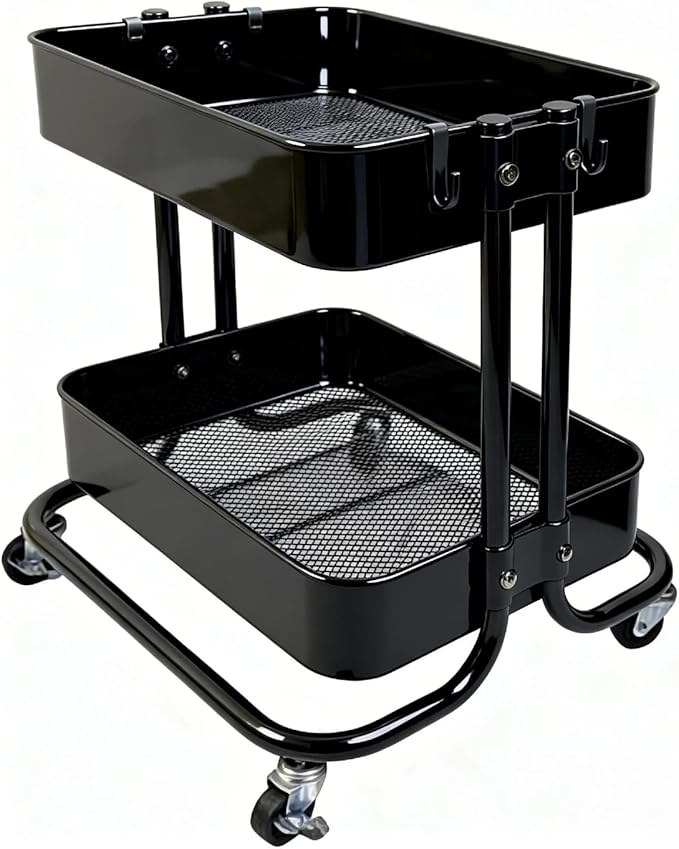 2 Tier Cart with Wheels Heavy Duty Metal Rolling Storage Cart for Under Desk Storage, Short Small Utility Shelf for Pantry Kitchen Bathroom Laundry, Home Organizer with Large Basket, Black