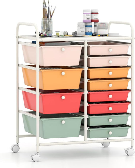 Giantex 12 Drawer Rolling Cart with Drawers, Storage Organizer Cart for Classroom Office School Teacher, Mobile Drawer Cart for Tools, Crafts, Small Printer, Macaron Multicolor