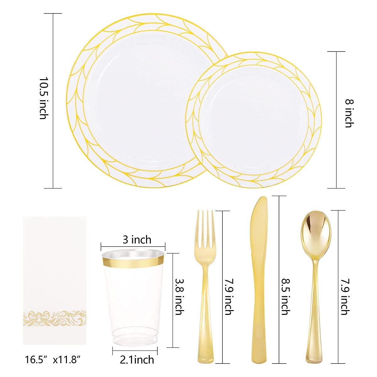 COLOSUS 175pcs Disposable Gold Plastic Plates and Silverware set Include Plastic Dinner Plate/Dessert Plate/Gold Silverware/Cup/Napkins 25pcs of each, New Year Dinnerware Set for 25guests.