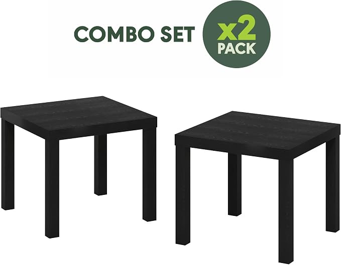 Furinno Classic Toolless Assembly Square Side Table Set of 2, Black End Table with 1.8 Thick Tabletop, Night Stand, Bedside Table, for Living Room, Bedroom, Classic Black