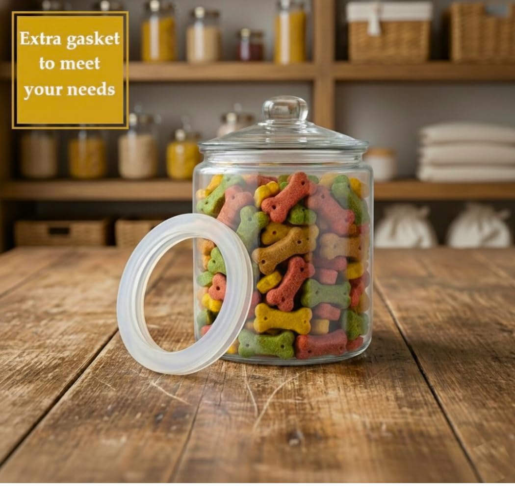 WERRO 1 Gallon Glass Cookie Jar With Airtight Lid - Extra Gasket - Large Glass Jar - Glass Food Storage Container, Candy, Dog Treats, Flour, Cookies, Kitchen Jar for Pantry - Laundry Room Storage