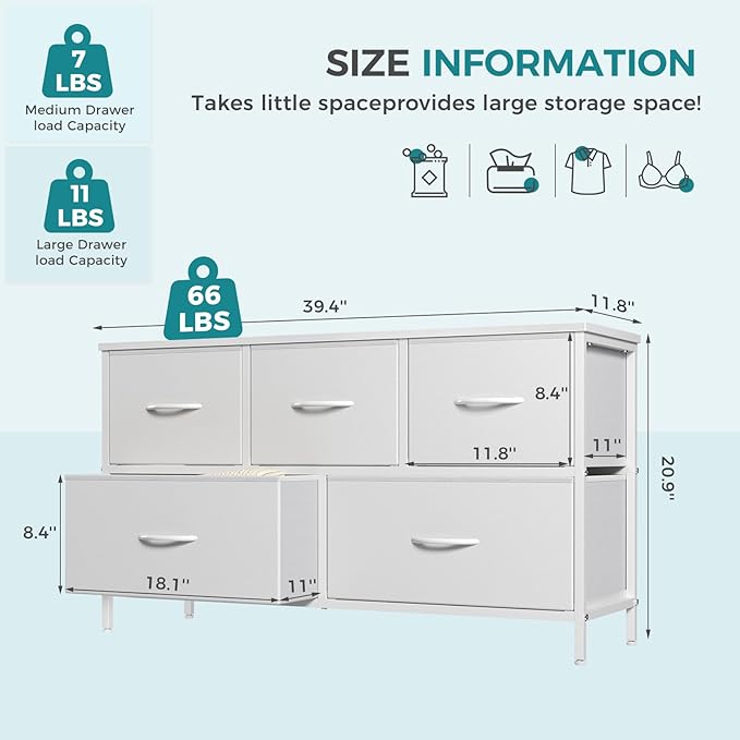OLIXIS Dresser for Bedroom with 5 Drawers, Wide Chest of Drawers, Fabric Bedroom Dresser with Drawer Organizers, Storage Organizer Unit with Fabric Bins for Closet, Living Room, Hallway,White