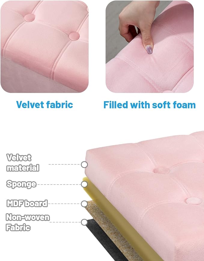 AmasSmile Storage Ottoman Foot Rest Stool, 17 inches Velvet Footstool Bench, Short Ottoman Stool, Small Folding Blanket Ottomans Store Books, Records, Pink
